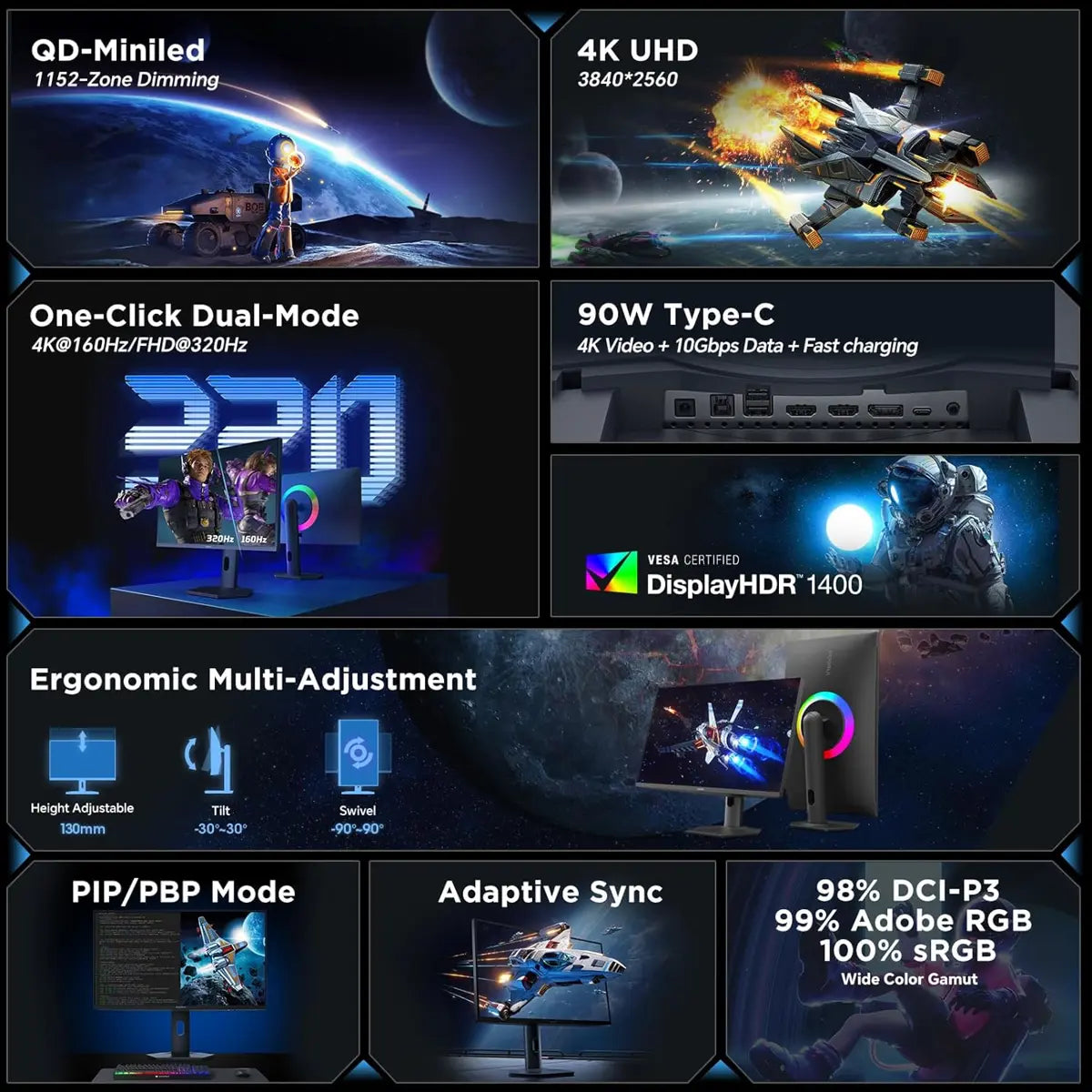 Koorui S2741LM 27" 4K QD-Mini LED Gaming Monitor - Dual-Mode (UHD 160Hz or FHD 320Hz), 1ms