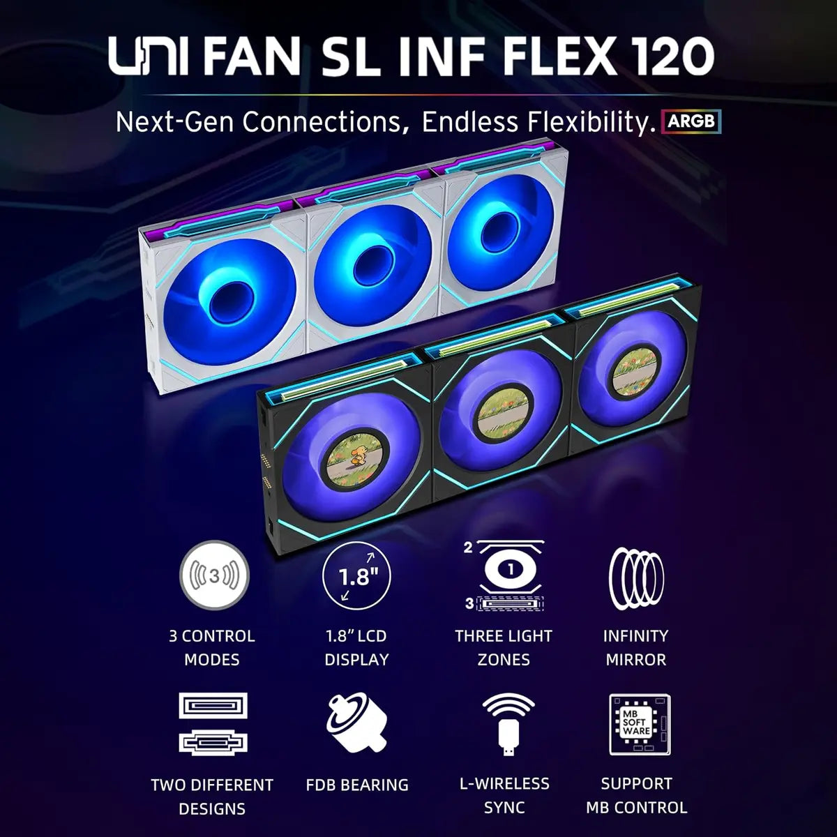 Lian Li UNI Fan SL-INF Flex 120mm Normal Blade ARGB Fan with L Controller - Black