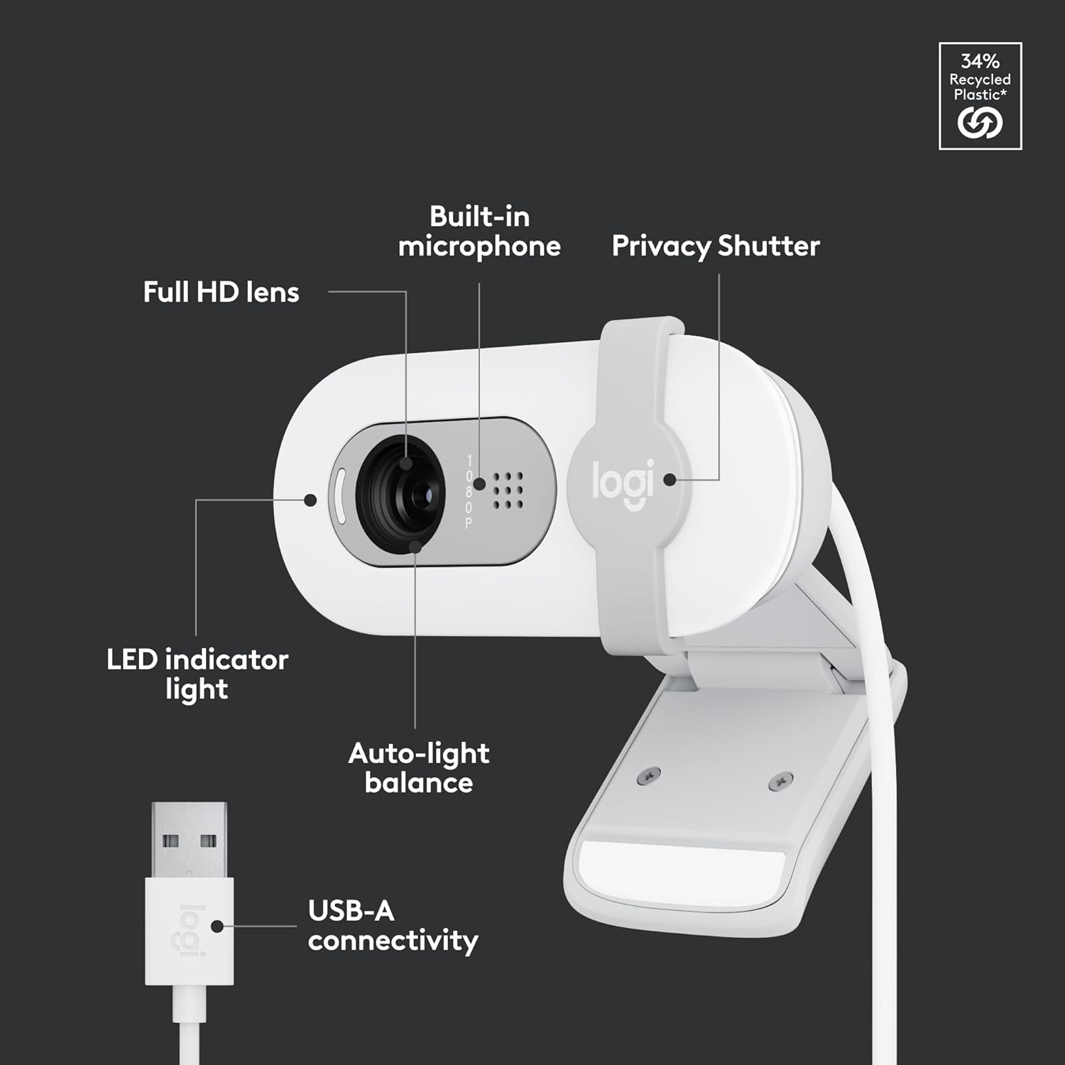 Logitech Brio 100 Full HD 1080p Webcam - White