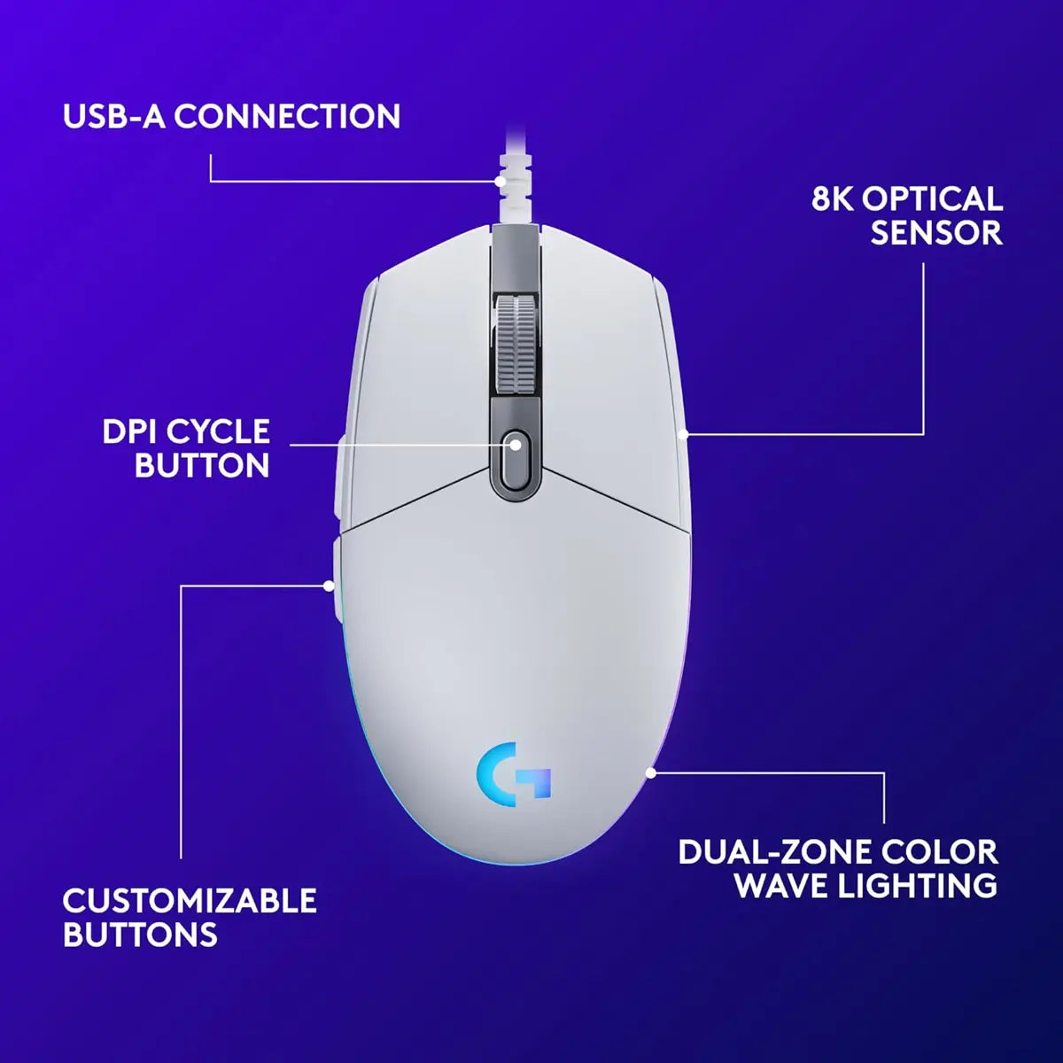 Logitech G203 Lightsync Wired Gaming Mouse - White