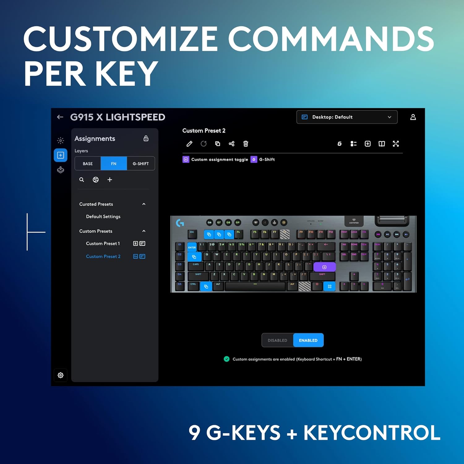 Keyboard customization software interface with text 'Customize Commands Per Key' on a blue gradient background.