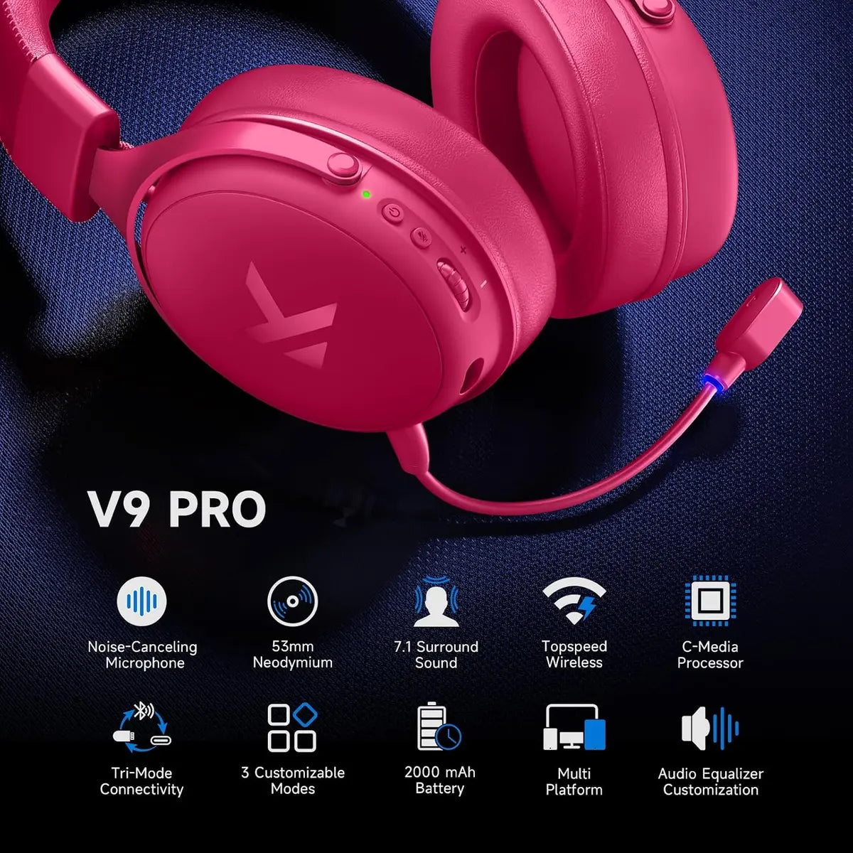 Mchose V9 PRO Wireless Gaming Headset 7.1 Surround Sound - Rose Red