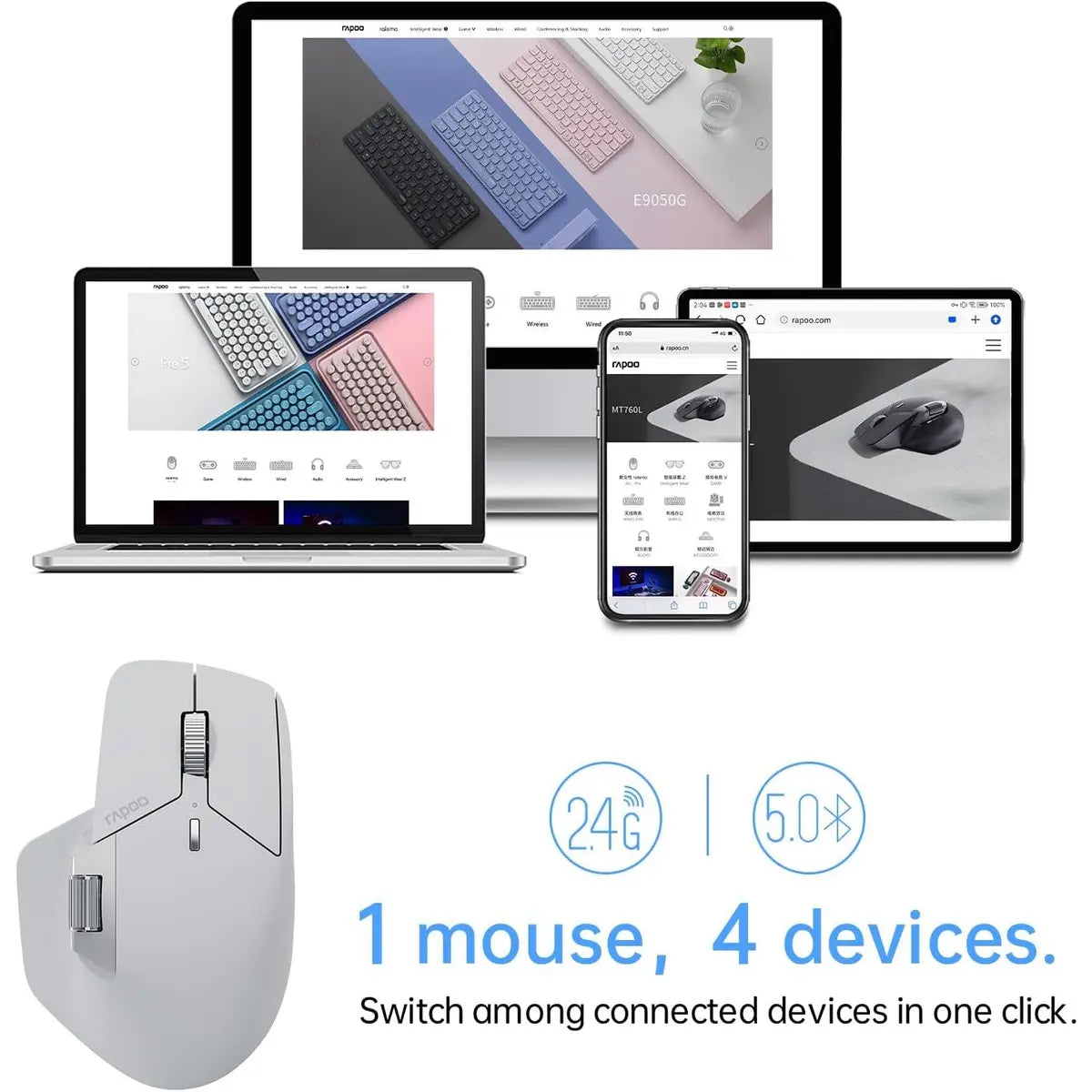 Rapoo MT760L Multi-Device Wireless Mouse - Grey White