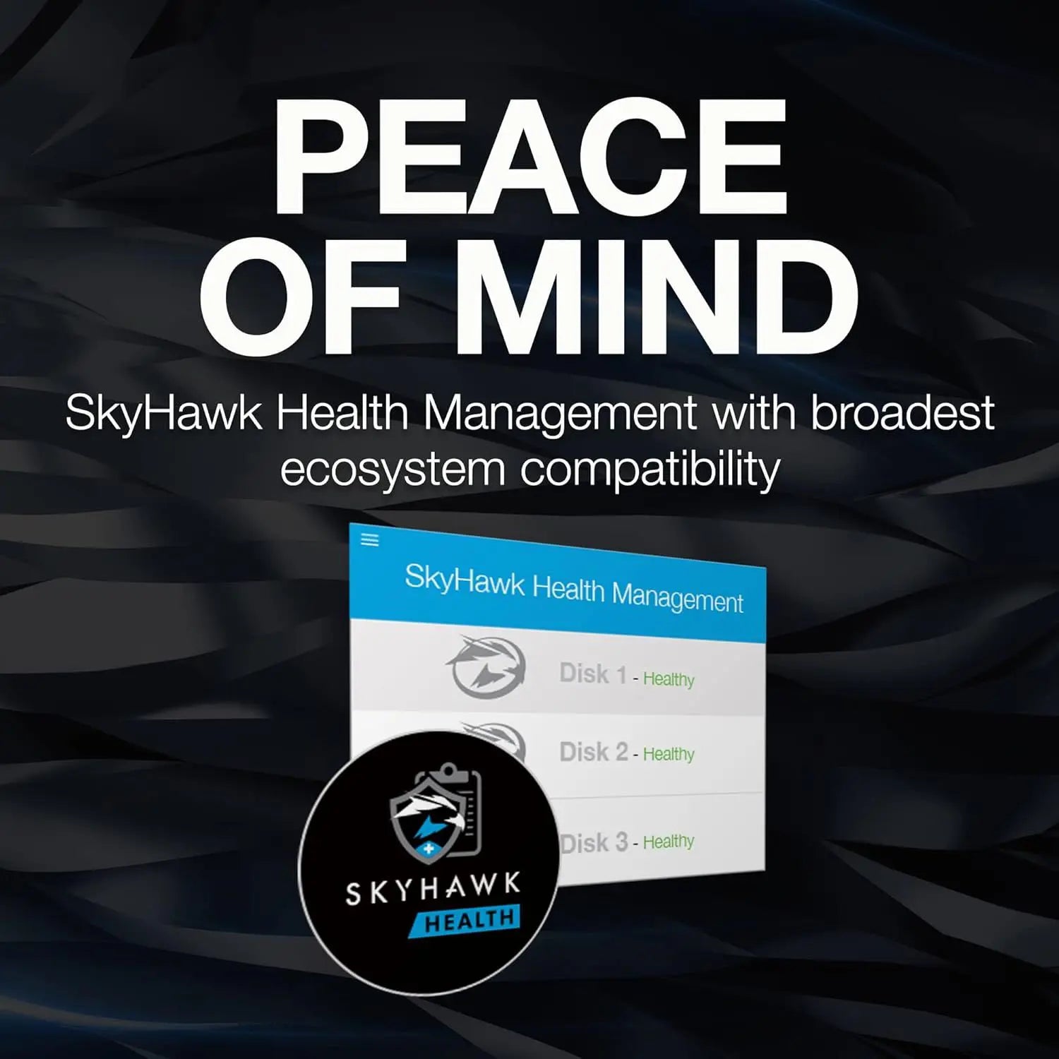 Advertisement for SkyHawk Health Management with a dark background and product image.