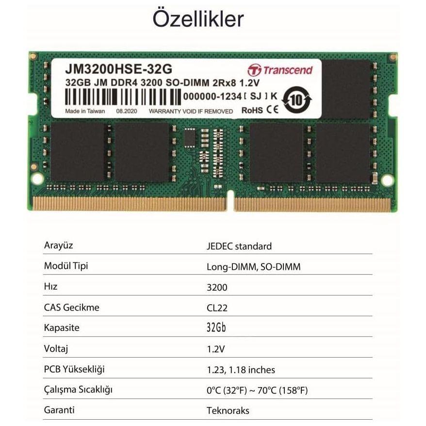 Transcend JetFlash 32GB (1x32GB) 3200MHz C22 DDR4 SO-DIMM Laptop Memory