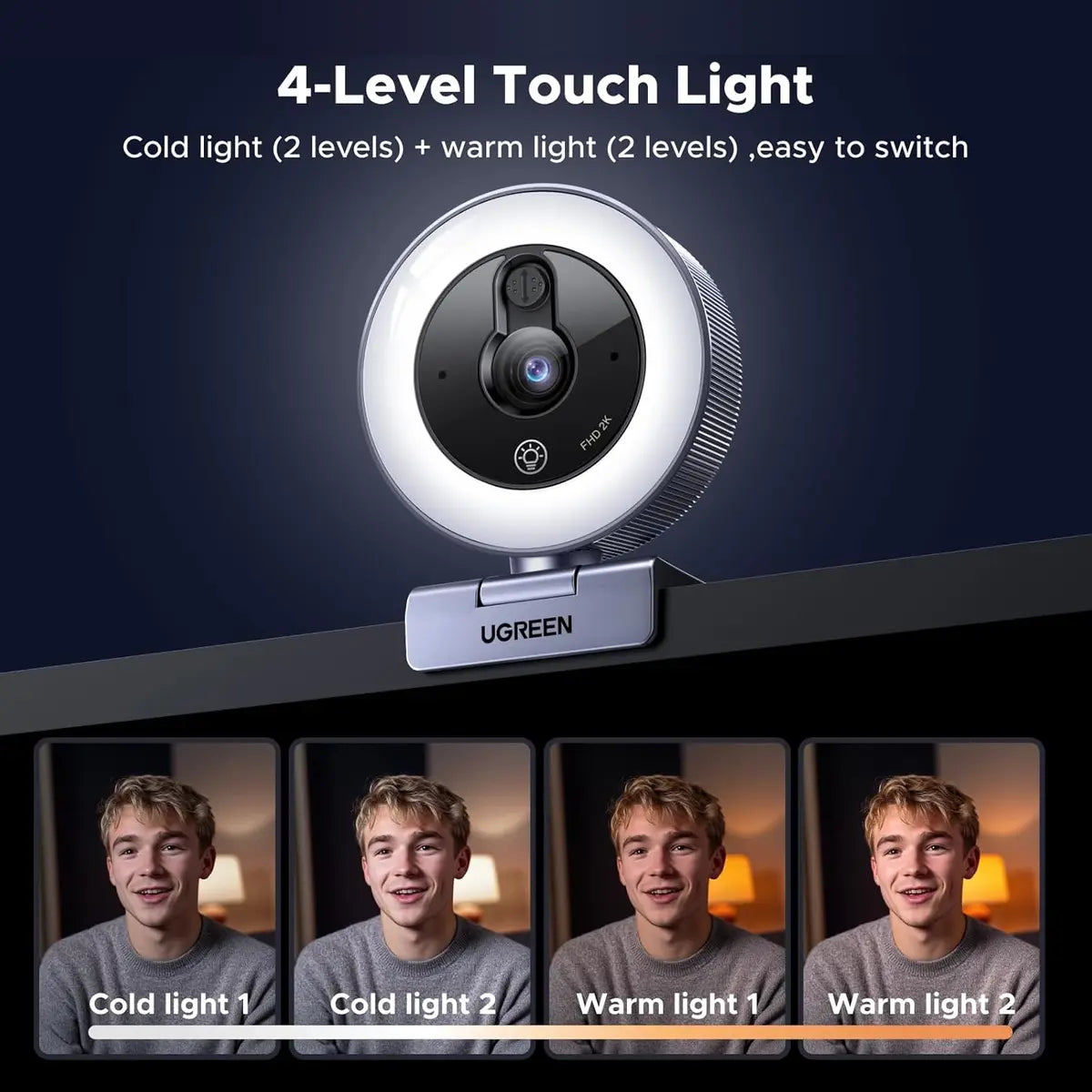 Ugreen 65857 2K Webcam with 4-Level Ring Light