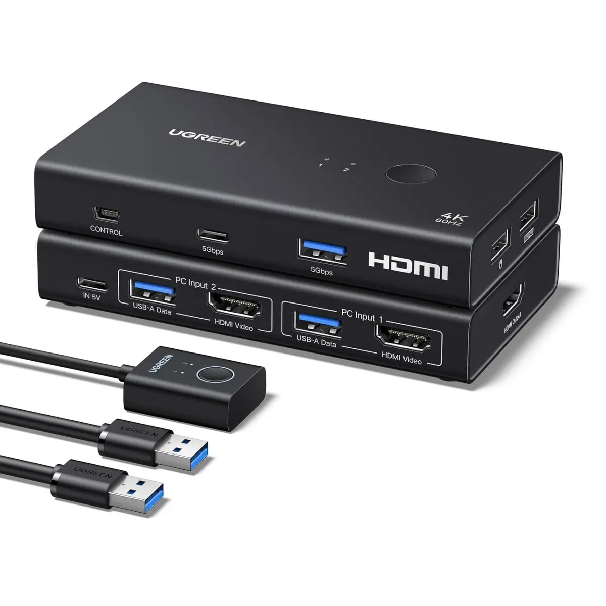 Ugreen 75246 HDMI KVM Switch 1 Monitor 2 Computers, 4 USB 3.0 Ports